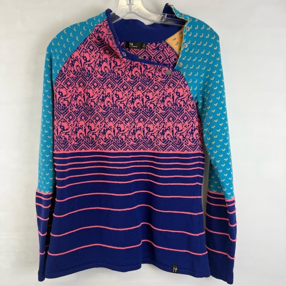 Neve Merino Wool Blend Colorful Mock Neck Sweater Size Medium Serena Indigo 4049 - Picture 1 of 10